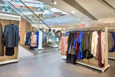 HONG KONG, CHINA - CIRCA JANUARY, 2019: interior shot of H&M store in Hong Kong. Hennes & Mauritz AB is a Swedish multinational clothing-retail company known for its fast fashion clothing.