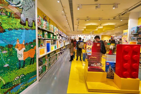 HONG KONG, CHINA - JANUARY 23, 2019: interior shot of Lego store at New Town Plaza shopping mall in Sha Tin. Lego is a line of plastic construction toys.