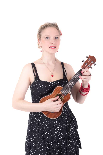 Flicka med en ukulele — Stockfoto