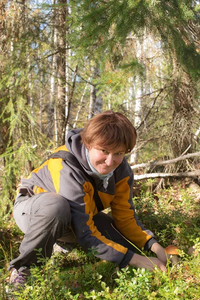 Frau sammelt Pilze — Stockfoto