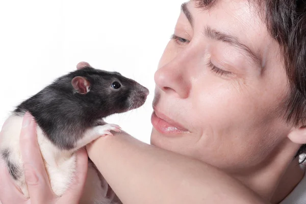 Portrait of a woman with her rat — Stock Photo, Image