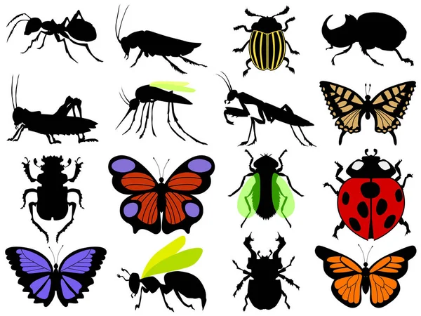 Conjunto de siluetas de insectos — Vector de stock