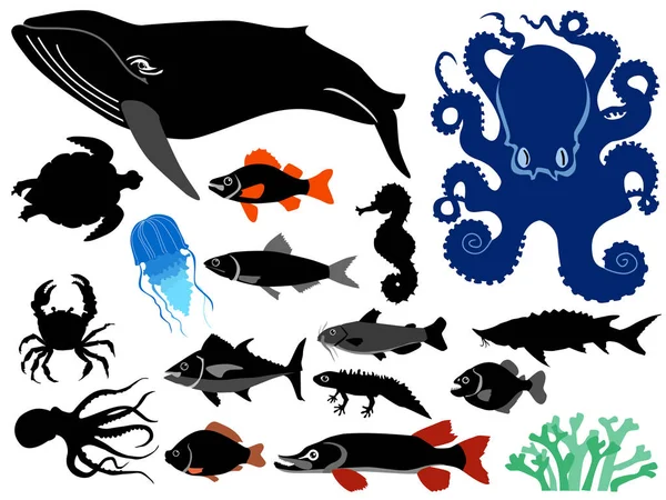 Reeks silhouetten van water dieren — Stockvector