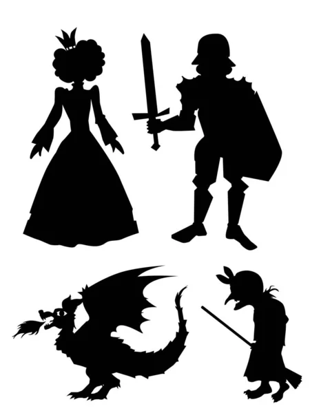 Set of silhouettes with characters from fairy tales. Princess, k — Stock Vector