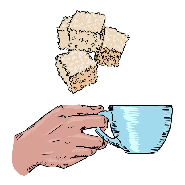 Té o café con cubo de azúcar. Motivos de las bebidas, descanso laboral . — Vector de stock