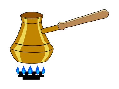 Gaz ocağında Türk kahvesi. Yiyecek ve içecek kavramları. Mutfak ve yemek eşyaları hazırlıyor. Vektör, çizgi film, renkli illüstrasyon