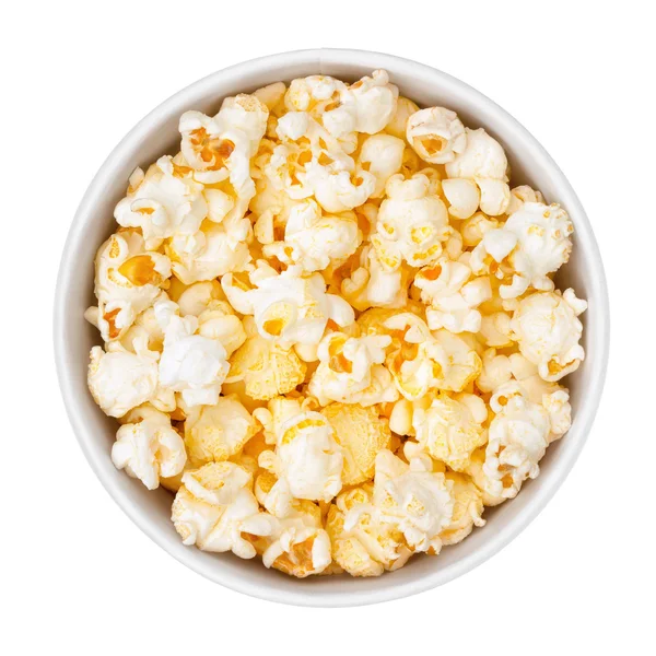 Bowl of popcorn on white background, top view — Stock Photo, Image