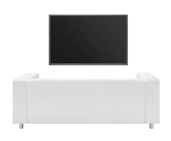 Диван и телевизор на белом фоне — стоковое фото