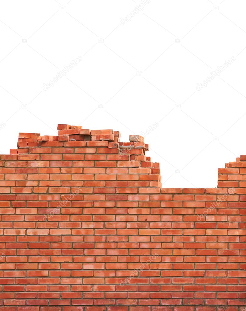 Brick wall under construction on white background
