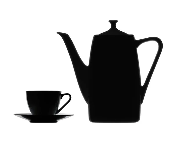 Kaffeekanne und Tasse vorhanden. Silhouetten auf weißem Hintergrund. — Stockfoto