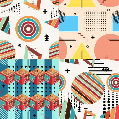 Memphis tarzırenk vektör soyut dikişsiz desen kümesi. 
