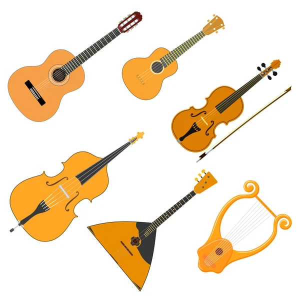 Векторный цветовой набор акустических струнных музыкальных инструментов на w — стоковый вектор