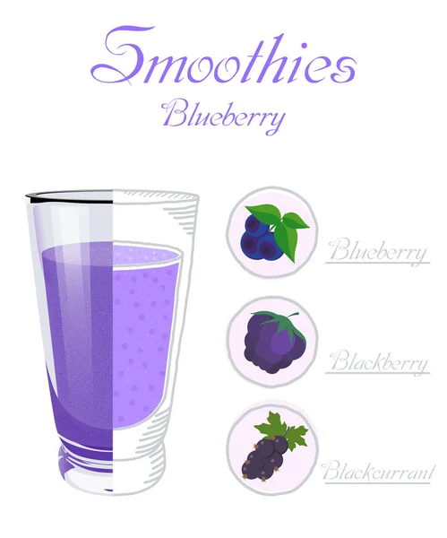 Vector illustration of a glass cup smoothie with blueberries, bl — Stock Vector