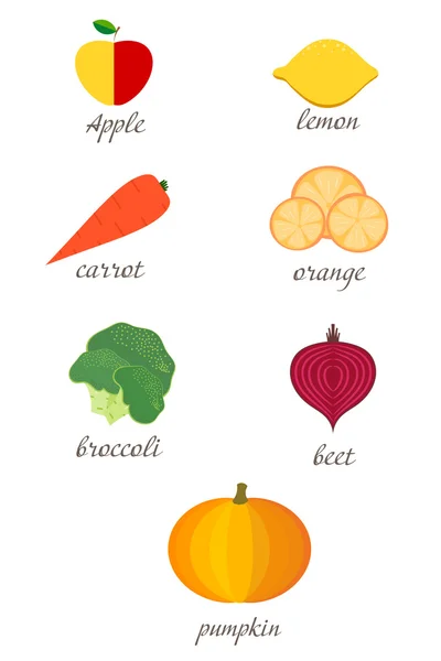 Set of autumn fruits and vegetables. Healthy food on a white bac — Stock Vector