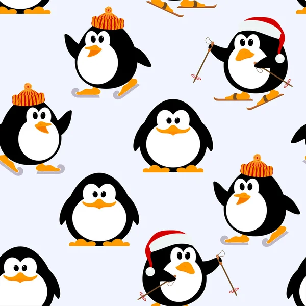 Patrón sin costura vectorial con pingüinos jóvenes jugando. Pingüinos sk — Vector de stock