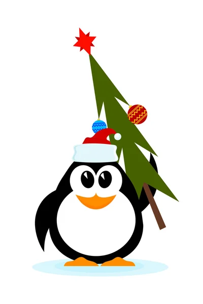 Kleiner fröhlicher Pinguin mit Weihnachtsbaum im Hut des Weihnachtsmannes — Stockvektor