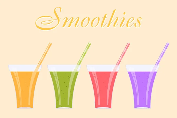 Set of glass jars with colorful smoothie on yellow background. V — Stock Vector