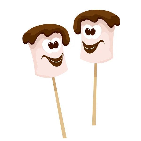 Two sticks with marshmallows with chocolate in Cartoon style on — Stock Vector