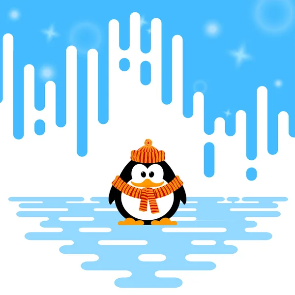 Vector illustration of a cute little penguin in a knitted hat an — Stock Vector