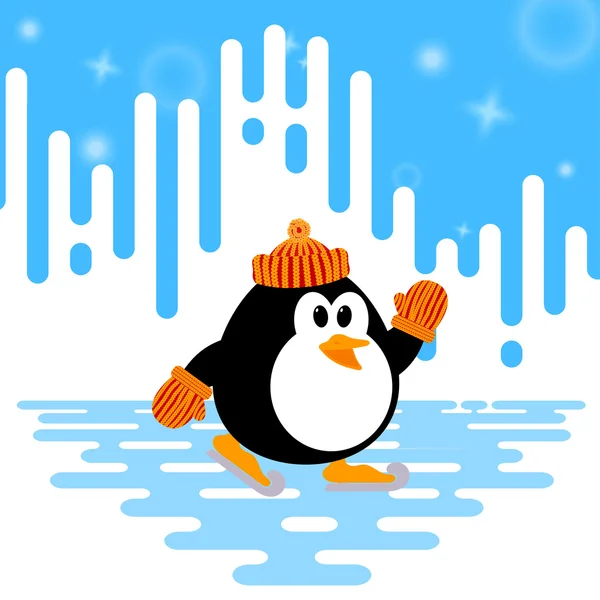 Vector illustration of a cute little penguin ice skating on abst — Stock Vector
