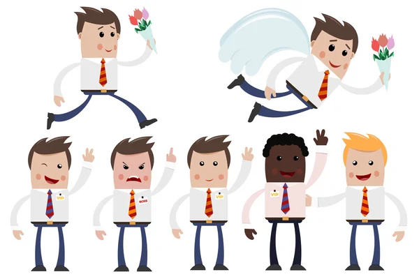 Set Cartoon businessmen in different poses and emotions. Busines — Stock Vector