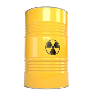 3D resimde Sarı metal varil radyasyon içerik ile bir
