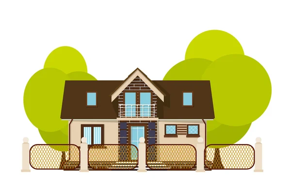 Jolie petite maison. Maison de dessin animé avec clôture et arbre vert sur un — Image vectorielle