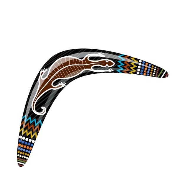 Boomerang australiano di legno. Boomerang dei cartoni animati con una lucertola — Vettoriale Stock