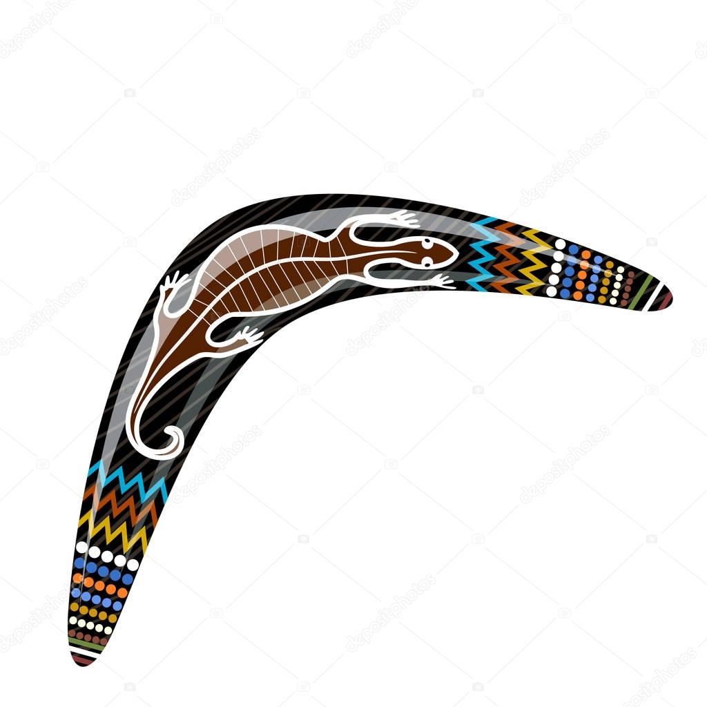 Australian wooden boomerang. Cartoon boomerang with a lizard on 