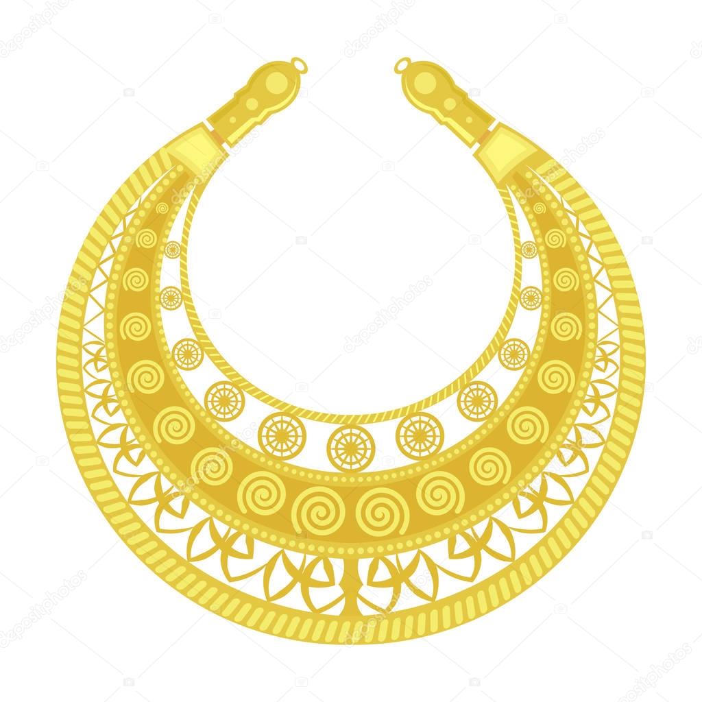 Gold pectoral on a white background. Old woman's jewelry. Golden