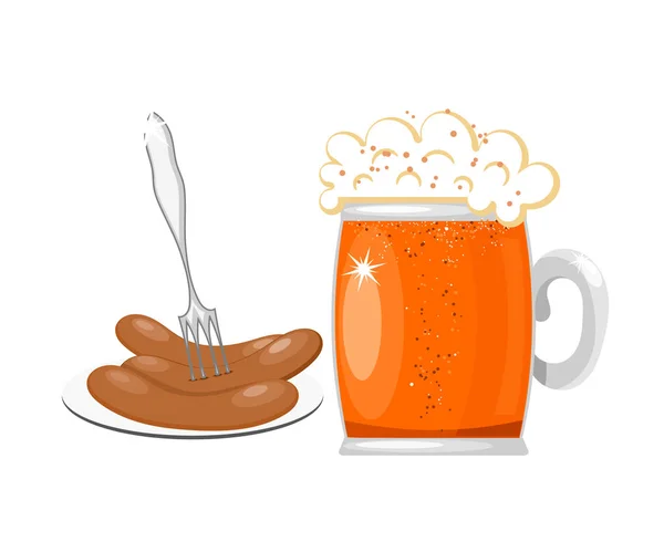 Vector illustration of a glass mug of beer with foam and a plate — Stock Vector