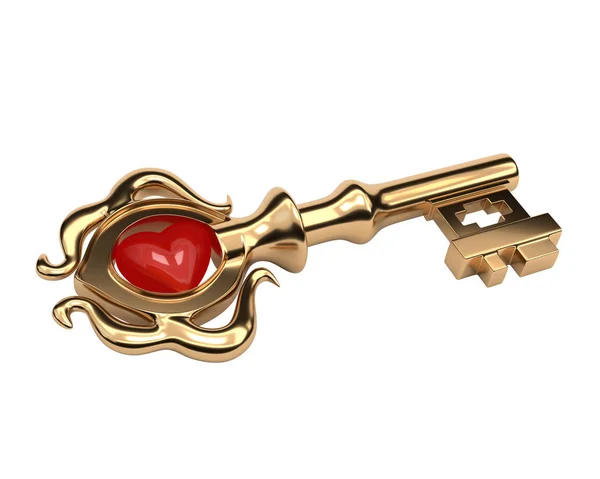 Golden Key estilo antiguo con una piedra en forma de corazón aislado — Foto de Stock