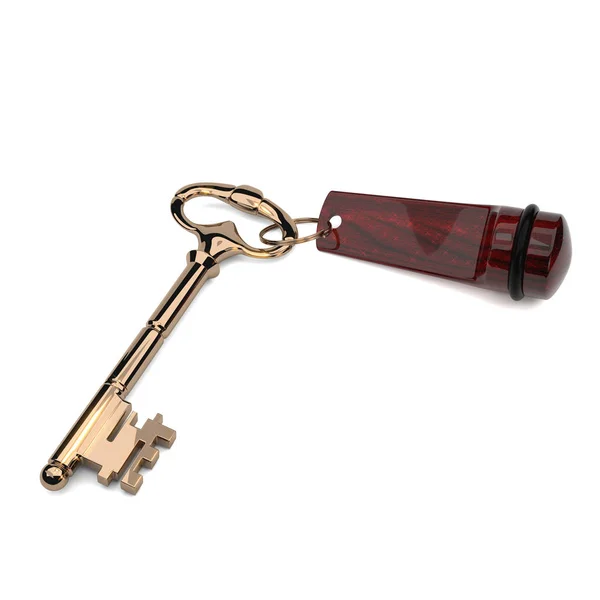 La chiave d'oro nel vecchio stile portachiavi rosso isolato su b bianco — Foto Stock