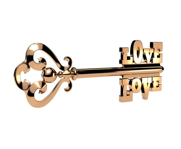 Abstrakte elegante 3D-Goldschlüssel mit dem Wort Liebe auf weißem Rücken — Stockfoto