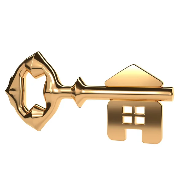 Abstract golden key with a shiny surface and home. Symbol of a s — Stock Photo, Image