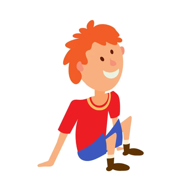 Ilustración vectorial de un niño con una camiseta roja y pantalones cortos sentados — Vector de stock
