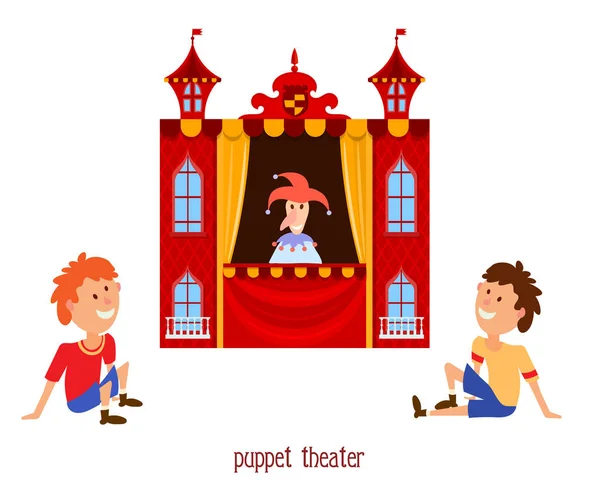 Un espectáculo de marionetas. Ilustración de teatro de títeres para niños con un do — Vector de stock
