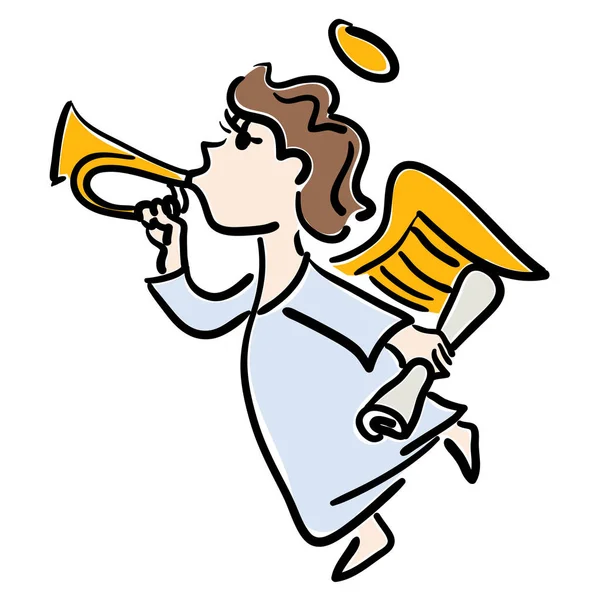 Illustration vectorielle en couleur d'un jeune ange à la trompette d'or o — Image vectorielle