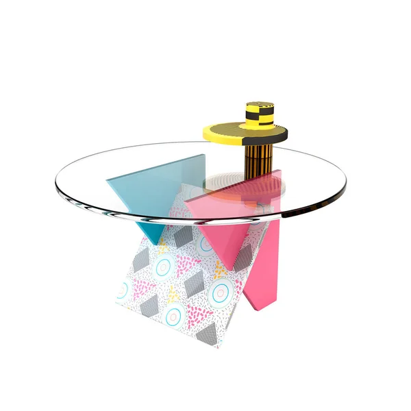 Mignon table colorée lumineuse dans le style de Memphis sur une ba blanche — Photo