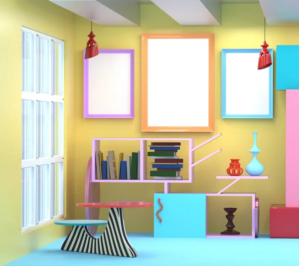 Illustration 3D de l'intérieur dans le style de Memphis. Cadre , — Photo