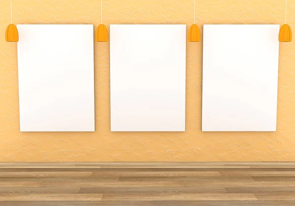 Mockup interior gallery. Paintings with a blank canvas and red l — Stock Photo, Image