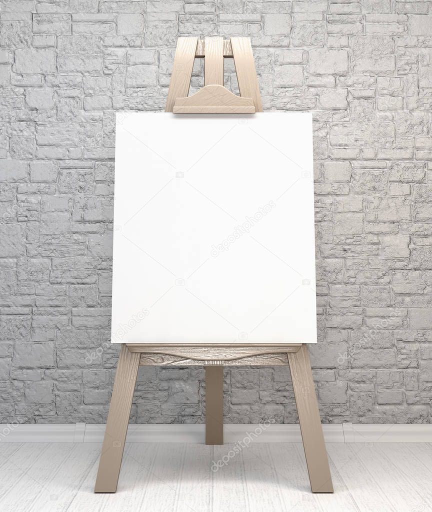Vintage retro wooden easel artist's with blank canvas on a brick