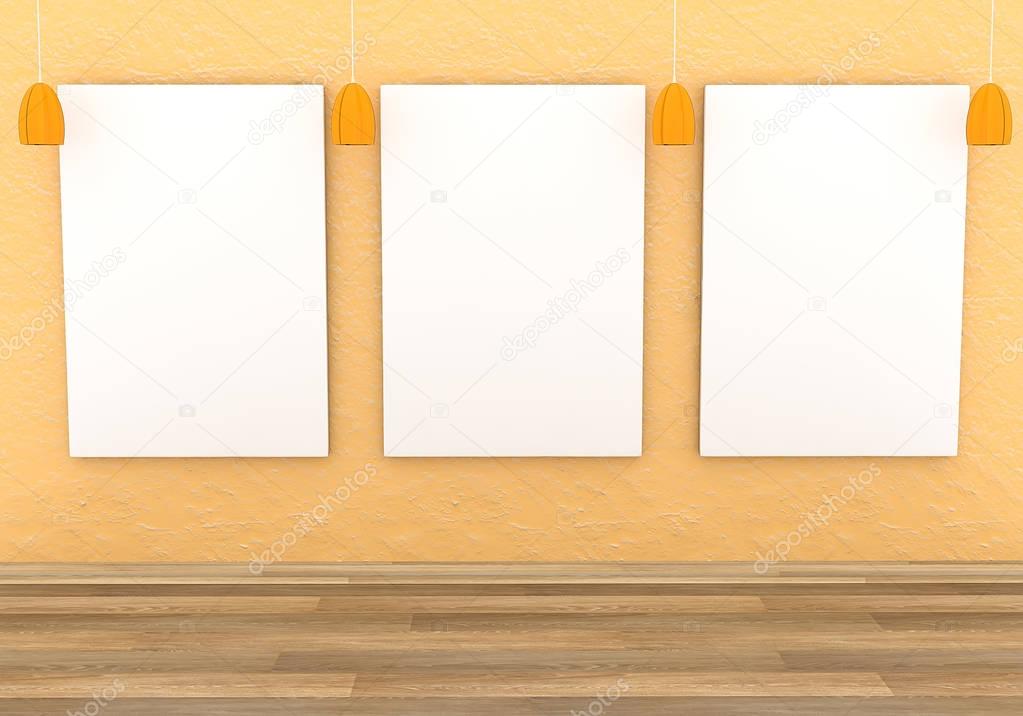 Mockup interior gallery. Paintings with a blank canvas and red l