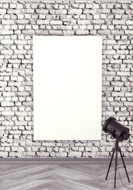 MoCap iç Galeri. Kaba duvar beyaz tuğla. Gri ahşap p