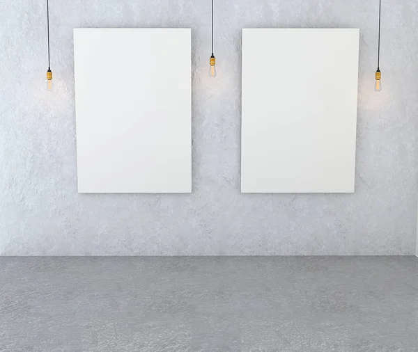 Mockup interior gallery. Paintings with a blank canvas and red l — Stock Photo, Image