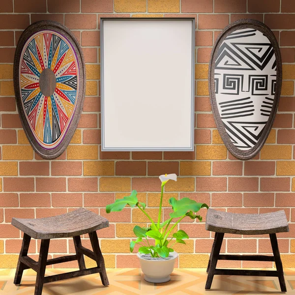 Mocap African interior living room. Empty paintings and shield w