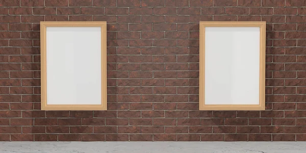 Mock up interior. Brown brick wall with empty pictures. 3d rende — Stock Photo, Image