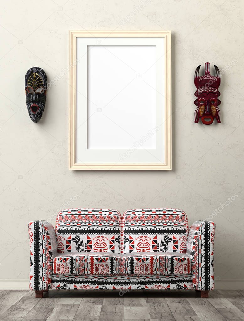 Mock up interior. Wooden antique ethnic masks on the wall. In th