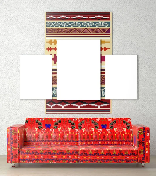 Mock up interior. Bright wall hanging ethnic, tribal style. In t — Stock Photo, Image