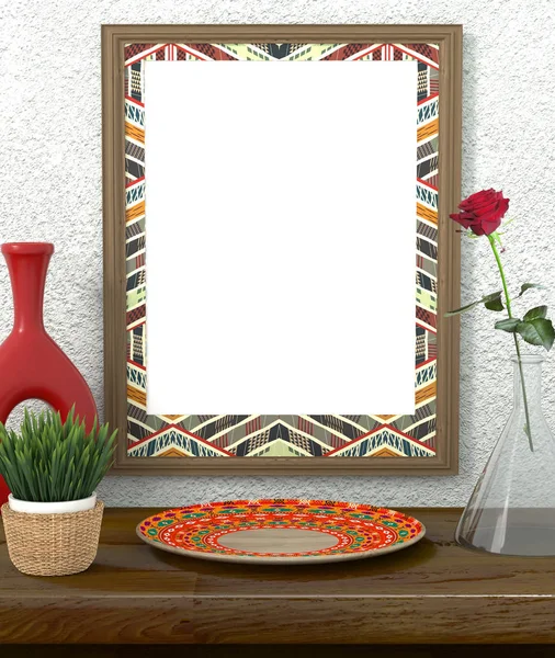 Mock up interior. Frame with bright ethnic ornament. Green grass